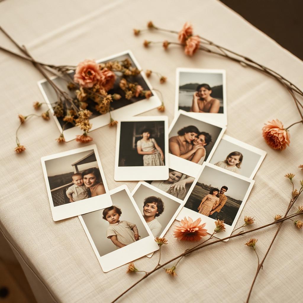 Fotografias antigas de família sobre toalha de linho com flores secas